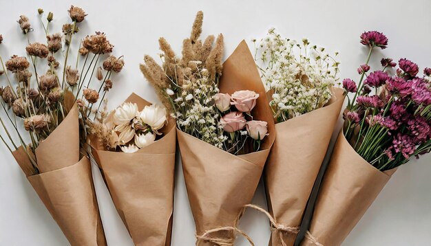 Dry flowers in bunches in brown craft paper packaging on white background Flat lay