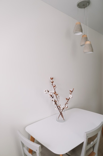 dry fluffy cotton branch on white background indoors with text space