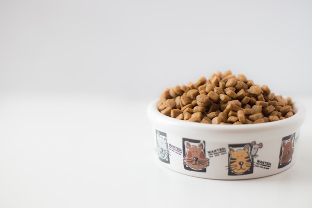 Dry food for cats or dogs in a white bowl on a white background.