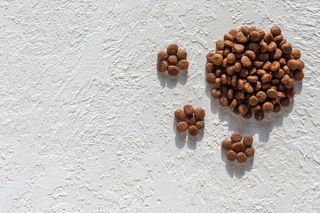 dry food for dogs and cats in the form of a footprint, paws on a white plaster background, copy space, top view.