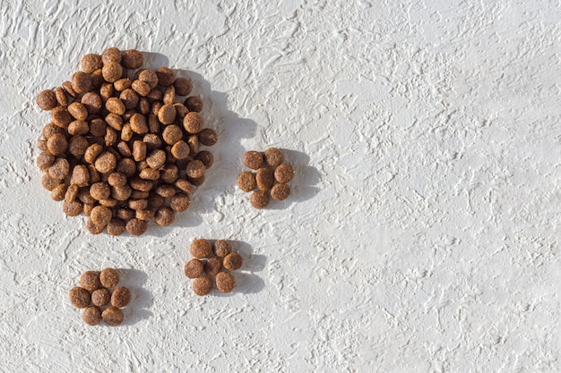 Dry food for dogs and cats in the form of a footprint, paws on a white plaster background