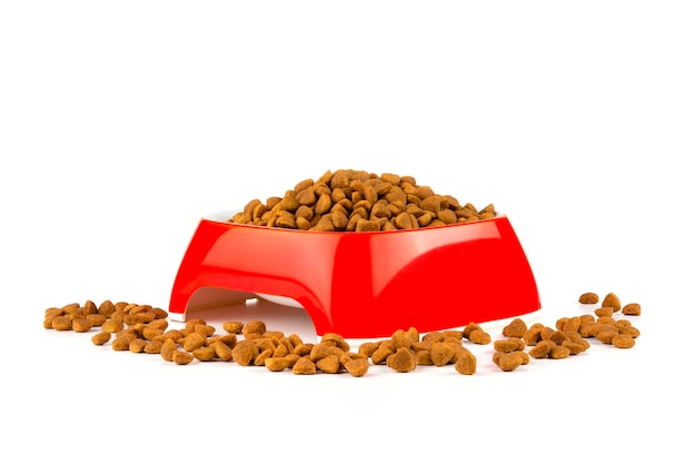 Фото Сухой корм для кошек и собак в красной миске на белом фоне.