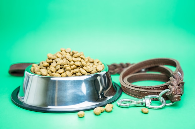 Dry food and pet supplies for dog or cat concept