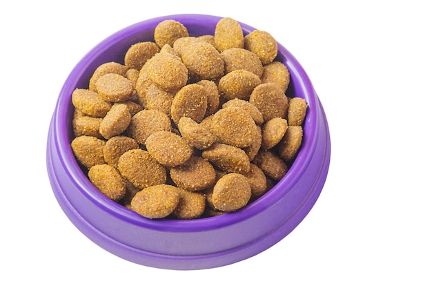 Dry food for pets Balanced feeding for cats and dogs in a violet bowl