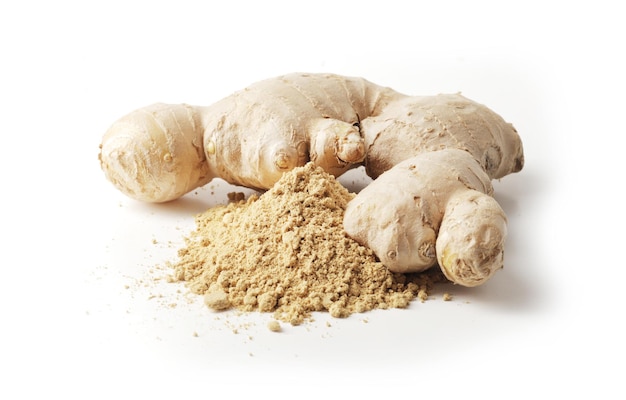 Dry and fresh ginger in bowl isolated on white background