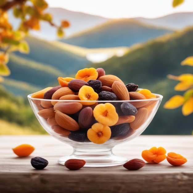 dry fruits in bowl on table blurred beautiful nature background