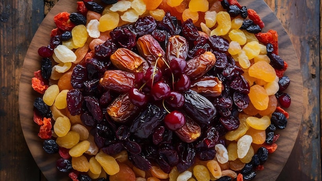 Dry fruits set with dates and cherries on a wooden platter high quality photo