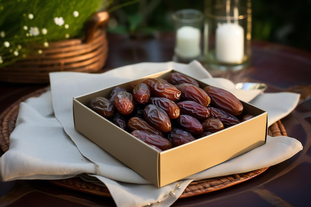 dry fruits set with dates on a wooden platter and box on gray texture