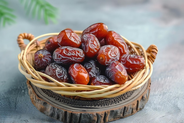 dry fruits set with dates on a wooden platter and box white background