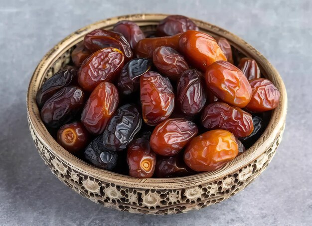 dry fruits set with dates on a wooden platter and box white background