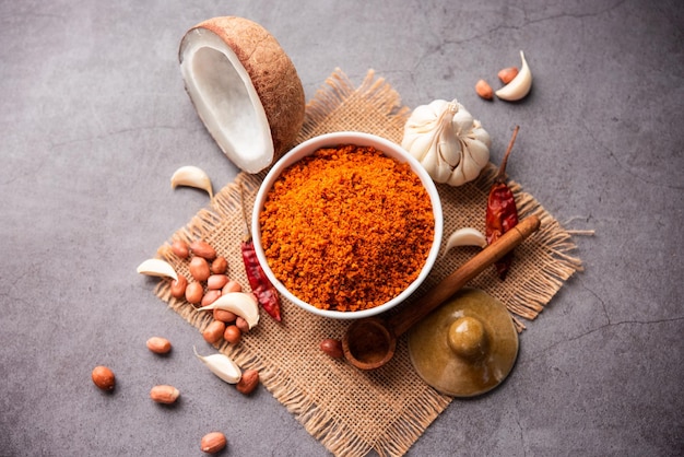 Dry garlic chutney made from red chilly and dry coconut and lahsun which is famous in maharashtra