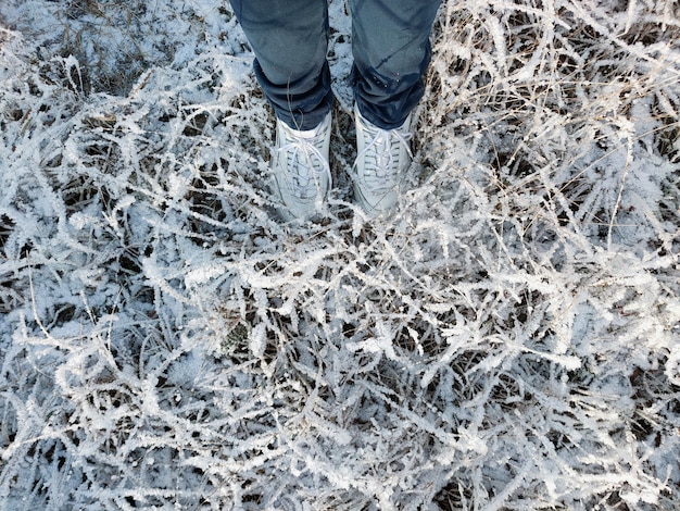 dry grass covered with crystals of frost on which a girl in white sneakers and jeans stands.