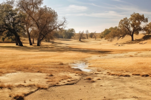 Dry grassy meadow with lush trees and cracks on ground representing concept of drought in desert Generative AI illustration