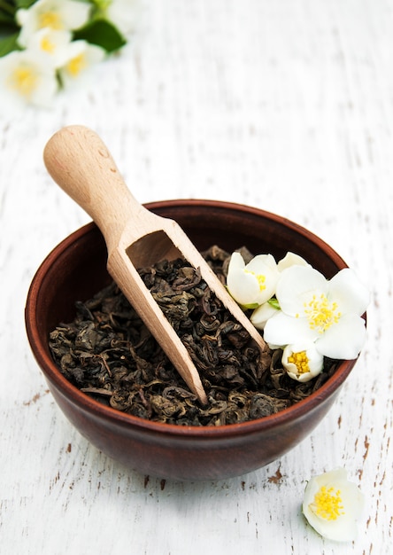 Dry green tea with jasmine flowers