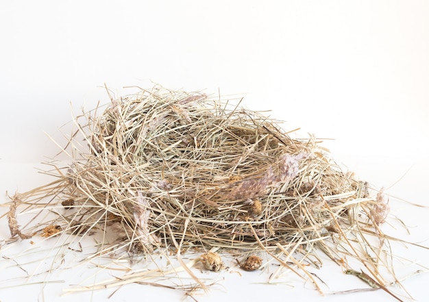 Dry hay isolated. A pile of straw on white 