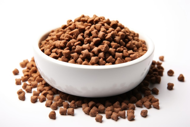 Dry kibble dog food in a black bowl with DOG letters isolated on white