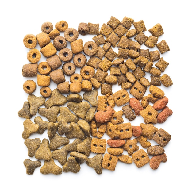 Dry kibble pet food Kibble for dog or cat isolated on white background