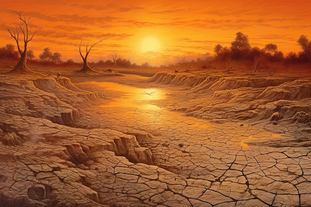 Dry land at sunset representing drought and lack of water climate change concept Generative AI