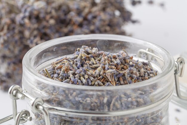 Dry lavender tea closeup. Selective focus.