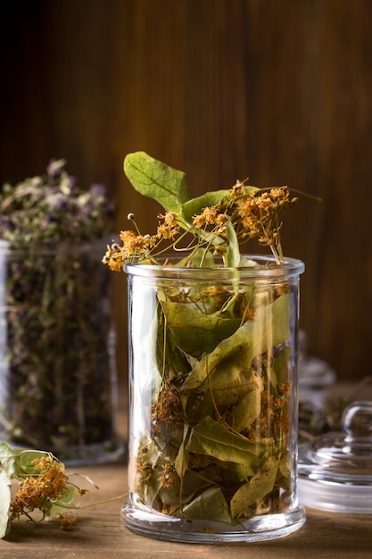 Dry linden flowers in a glass jar