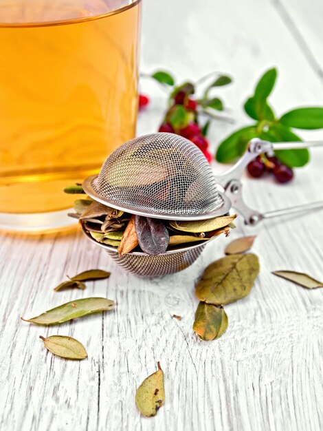 Dry lingonberry leaf in a metal strainer, tea in glass mug, berries and green leaves