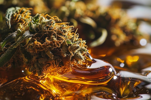 Dry marijuana buds in concentrated amber resin