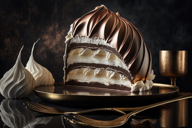 Dry meringue cake with glossy chocolate and cream layers