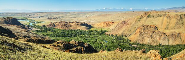 アルタイ南部の乾燥したモンゴルの風景、緑の谷、オアシス、パノラマビュー