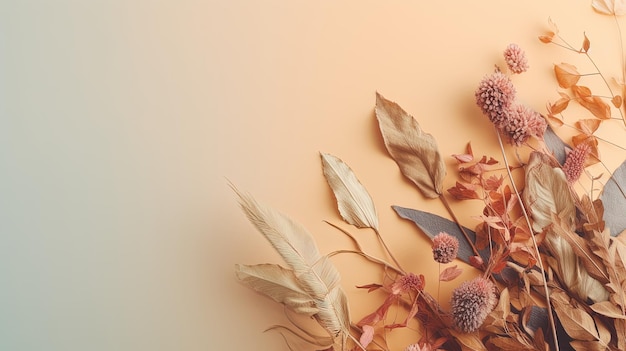 Dry natural grass leaves and flowers beauty and fashion concept mock up on pastel background