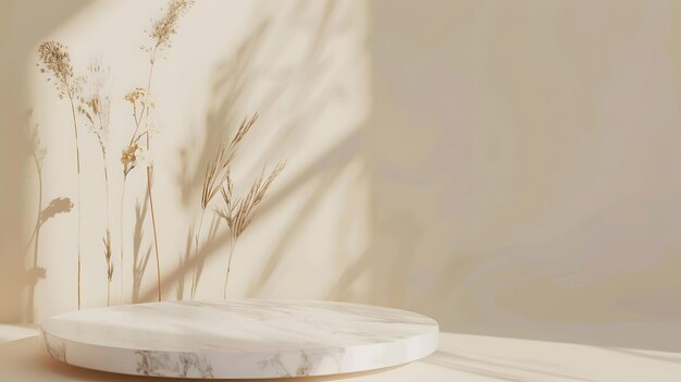 Photo dry natural grass leaves and flowers frame with white marble podium beauty and fashi generative ai