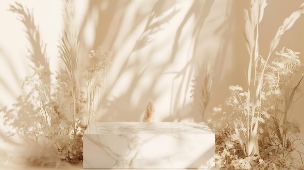 Photo dry natural grass leaves and flowers frame with white marble podium beauty and fashi generative ai