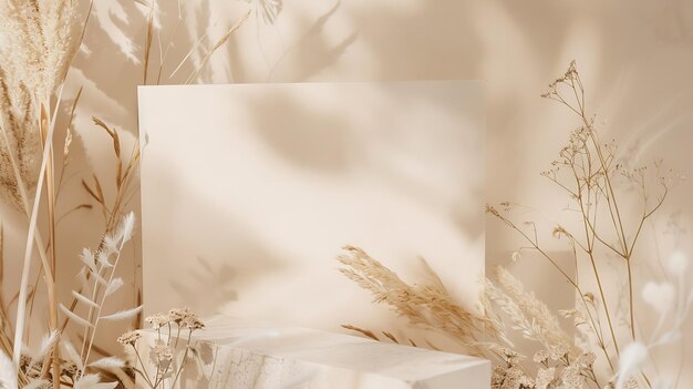 Dry natural grass leaves and flowers frame with white marble podium beauty and fashi Generative AI