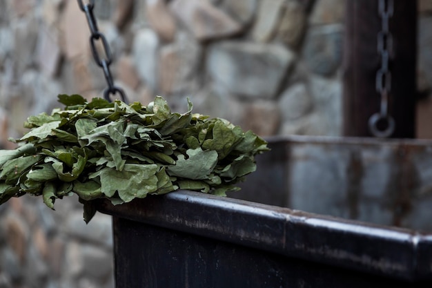 Dry oak broom in a bath complex. Relaxes and therapy. Close-up. Russian traditions.