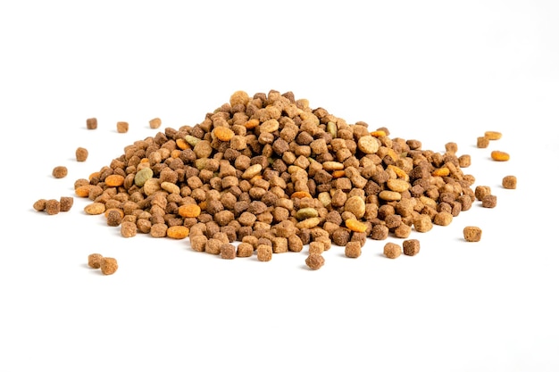 Dry pet food, on a white background.
