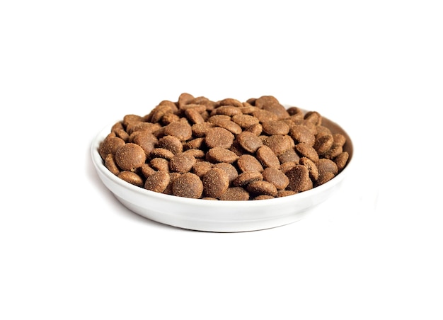Dry pet food in a white ceramic bowl isolated on white background.