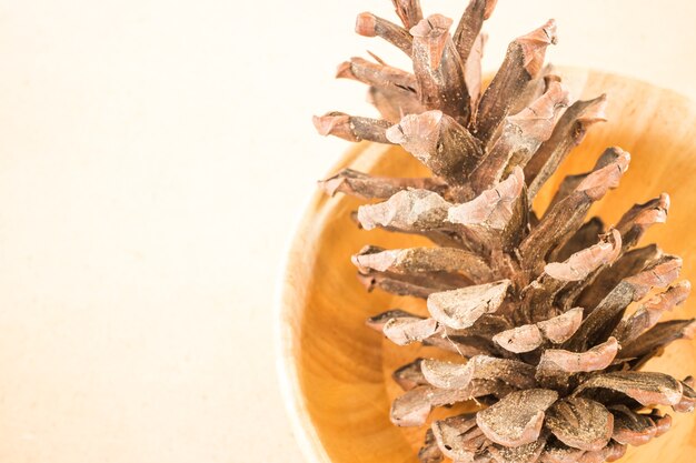 Dry pine cone on wooden table