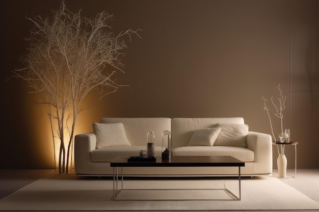 Dry plants beige furniture table and couch in modern villa AI generated