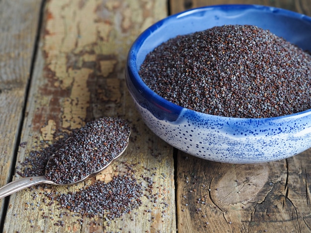 Dry poppy seeds in a blue bowl