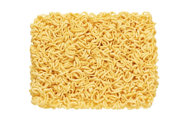 Dry raw instant noodles isolated on white background Top view