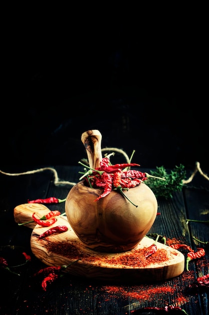 Dry red chili pepper in a mortar and pestle dark background selective focus