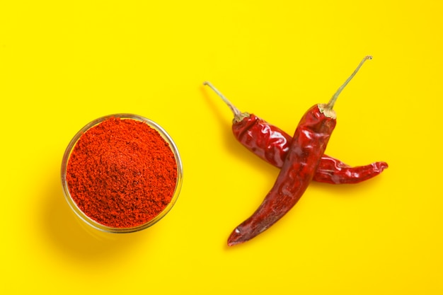 Dry red chilli with chilli powder in glass bowl on yellow surface