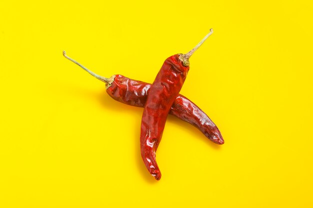 Dry Red chilli on yellow surface