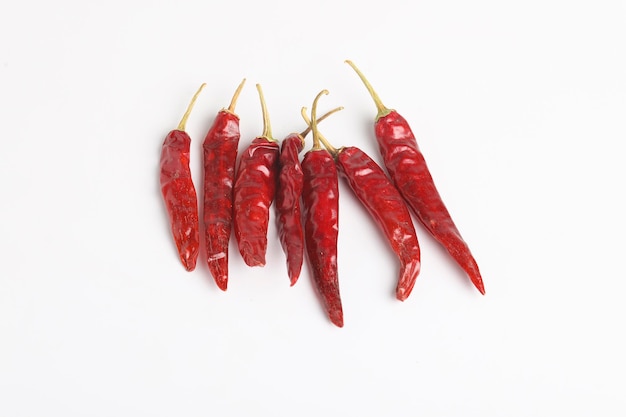 Dry red chilly on white background.