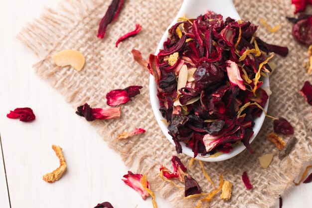 Dry red floral fruit and herbal hibiscus tea with petals