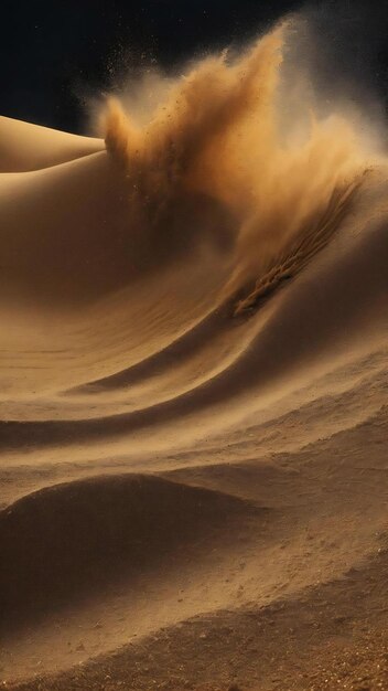 Photo dry river sand explosion golden colored sand splash agianst dark background