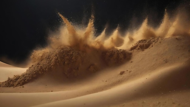 Dry river sand explosion golden colored sand splash agianst dark background