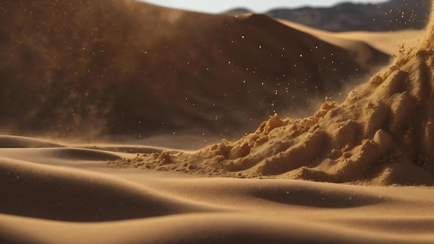 Dry river sand explosion golden colored sand splash agianst dark background