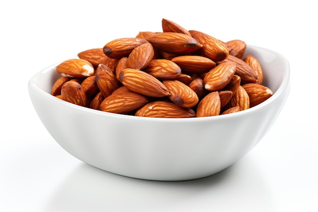 Dry roasted Almonds in white bowl isolated on white background