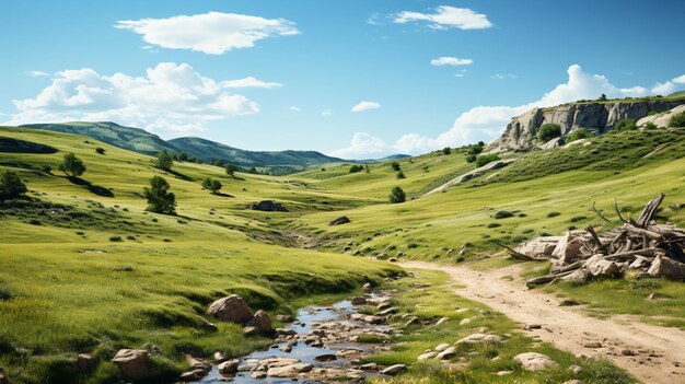 Foto montagna rocciosa secca con erba verde e cielo blu