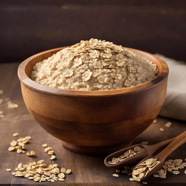 Dry Rolled Oatmeal in a Rustic Wooden Bowl